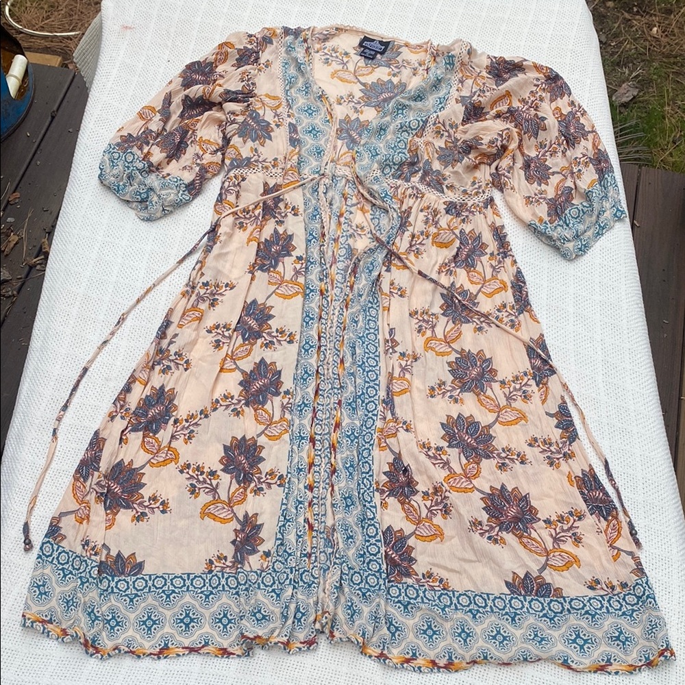Floral Angie Bohemian Duster Wrap with Blue Accents
